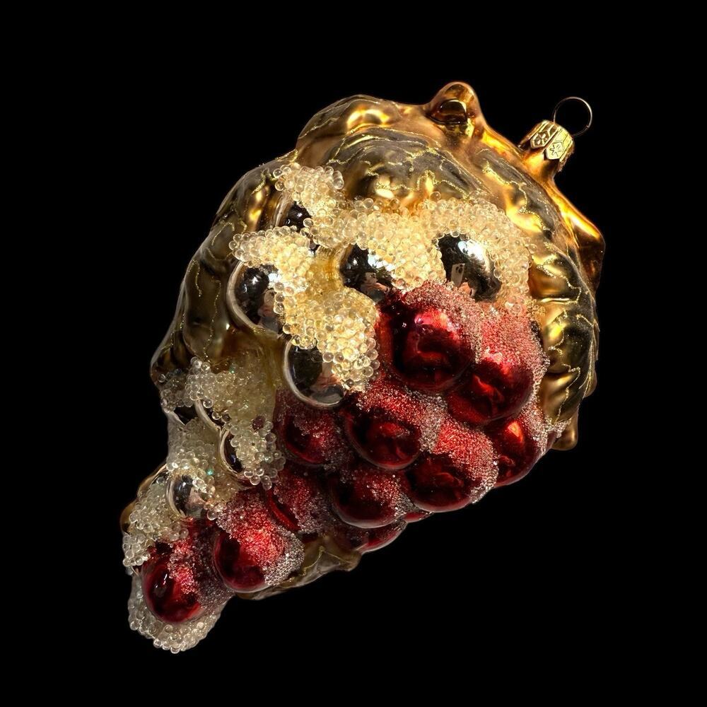 VTG Polanaise Hand Blown Glass Grape Cluster Christmas Ornament Frit Glitter 6”
